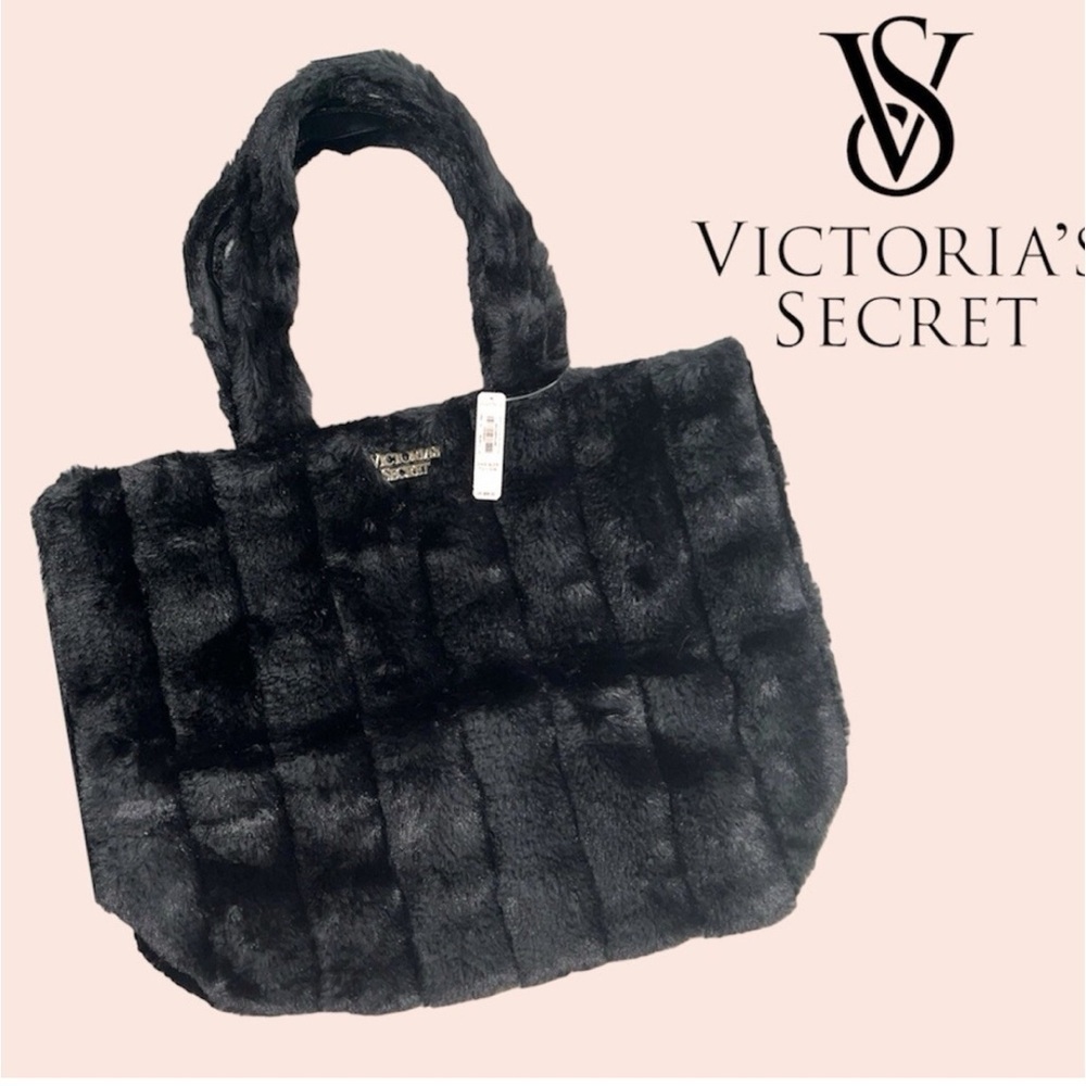 Victorias Secret NWT Hobo Weekender Black Faux Fur Tote Bag - Picture 5 of 9